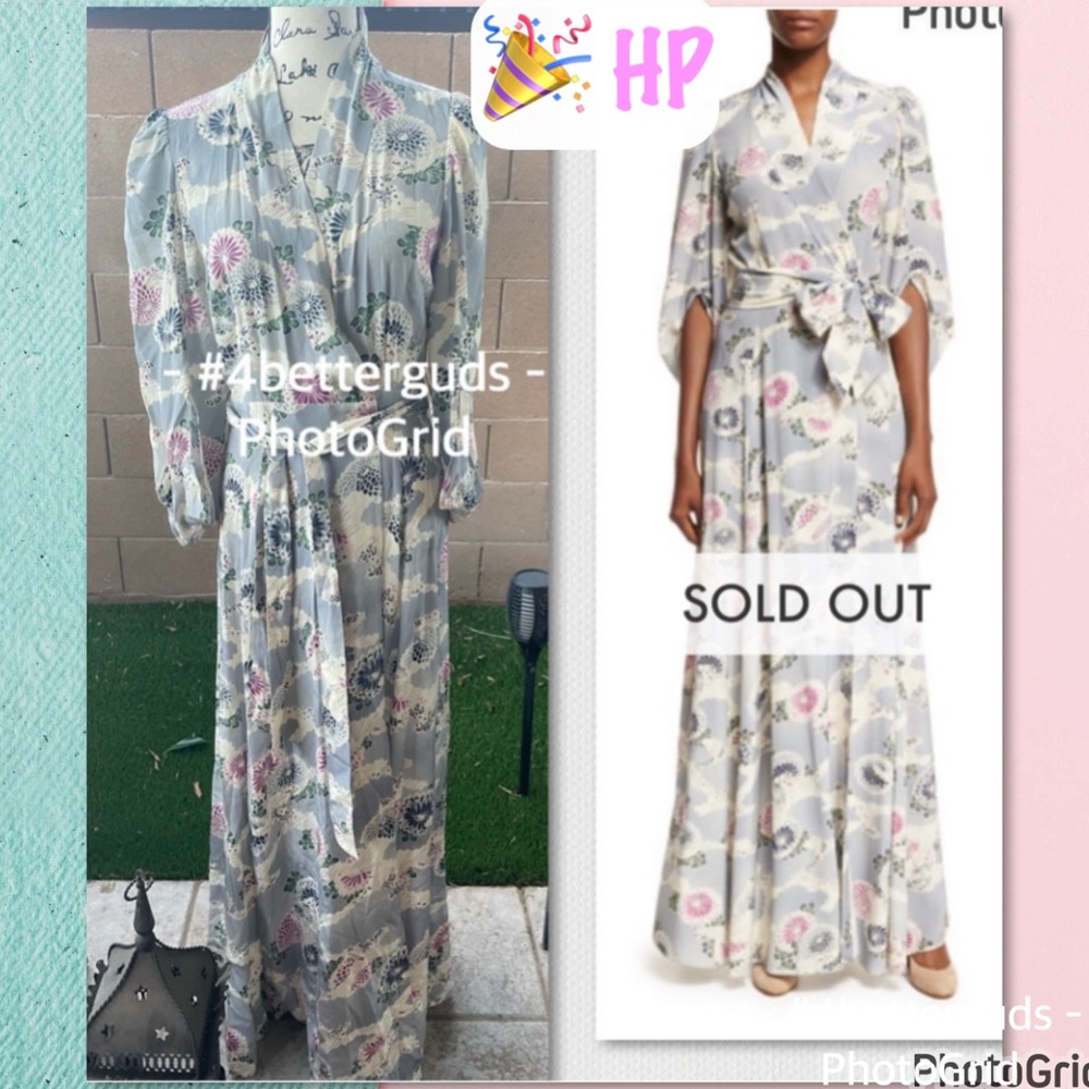 NEW Neiman M | CO collection Silk Kimono Sleeve Wrap Maxi Chrysanthemum Dress MD